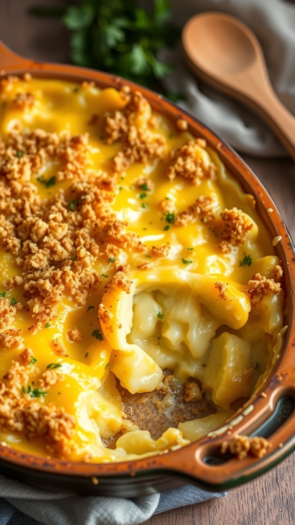 A cheesy potato casserole with a golden breadcrumb topping, served in a baking dish, showcasing layers of potatoes and cheese.